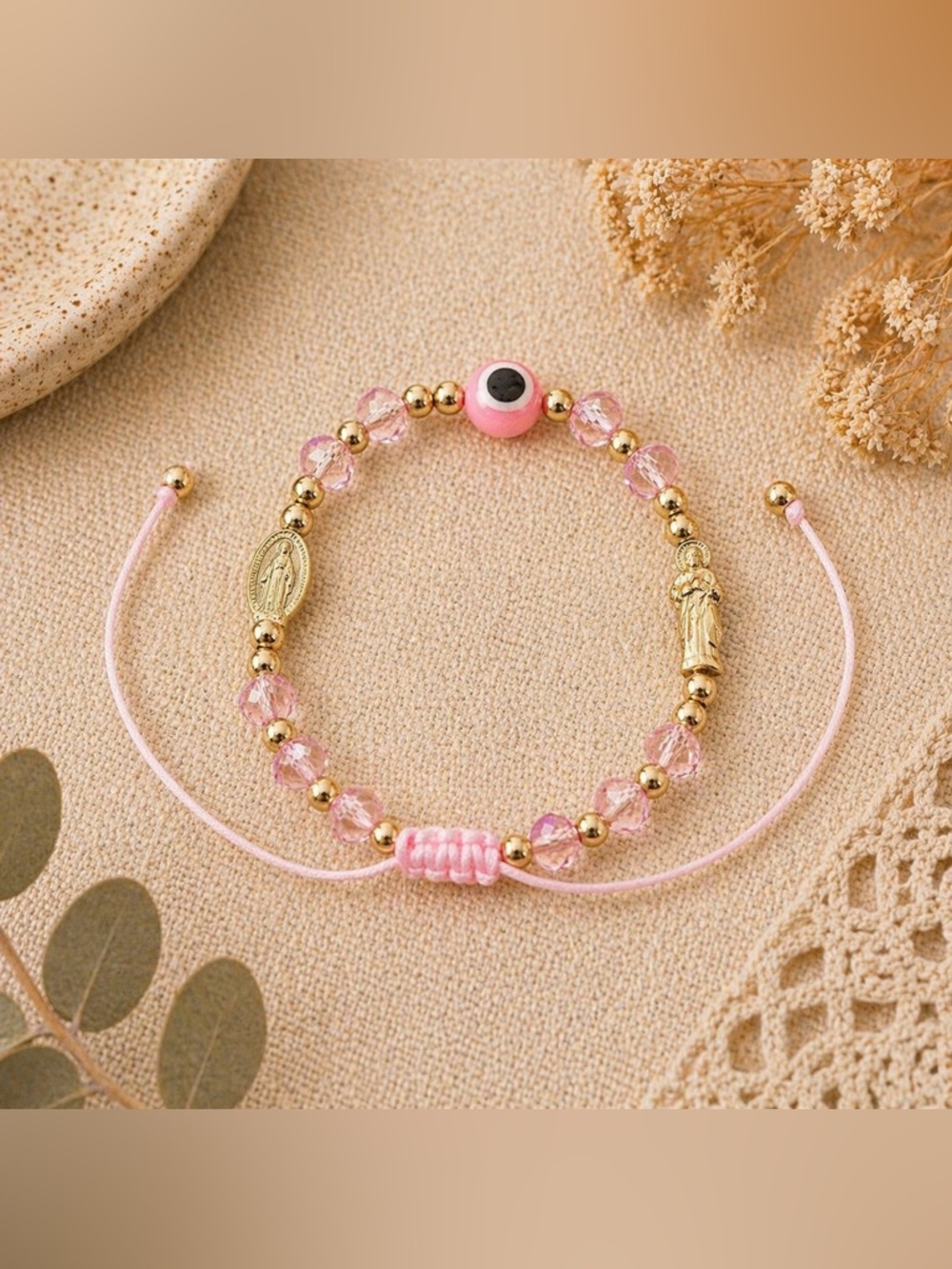 🧿🎀 Pink St Jude Mary Evil Eye Bracelet